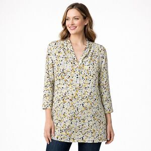 J Jill Wearever Tunic Blouse Womens Medium Floral Print V Neck 3/4 Sleeve Top